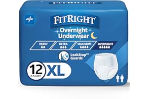 FitRight Overnight Unisex Extra Large Underwear, (56-68 in Waist) 12 Count, Maximum All Night Disposable Incontinence Protection, Pull-On Absorbent Underwear for Men and Women, 1 Bag