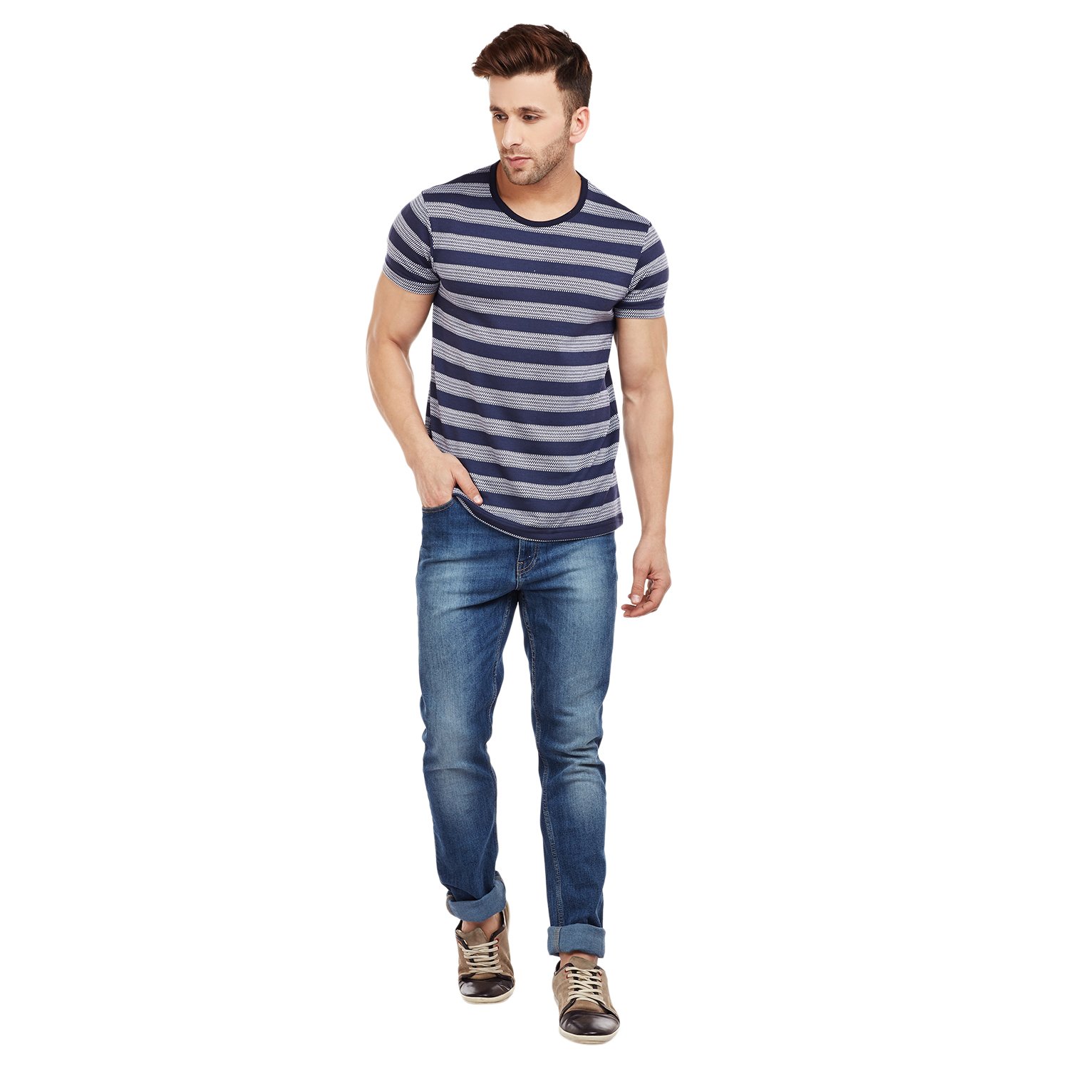 vimal black striped round neck tshirt for men