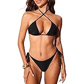DOBREVA Women's Two Piece Swimsuit Triangle Bikini Sets String Ribbed Sexy Bathing Suit Halter Swimwear