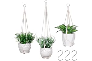 YIBOT 3 Pack Macrame Plant Hanger Indoor Hanging Planter Basket with 3 Hooks, 35"/29"/23" Crochet Plant Holder Stand No Tassels for Indoor Outdoor Boho Home Decor, Ivory (POTS NOT Included)