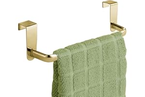 mDesign Steel Metal Wire Over Cabinet Towel Rack Storage Organizer - Hang on Cabinet or Door - Towel Bar Holder for Kitchen - Holds Hand Towels, Washcloths - Spira Collection - Soft Brass