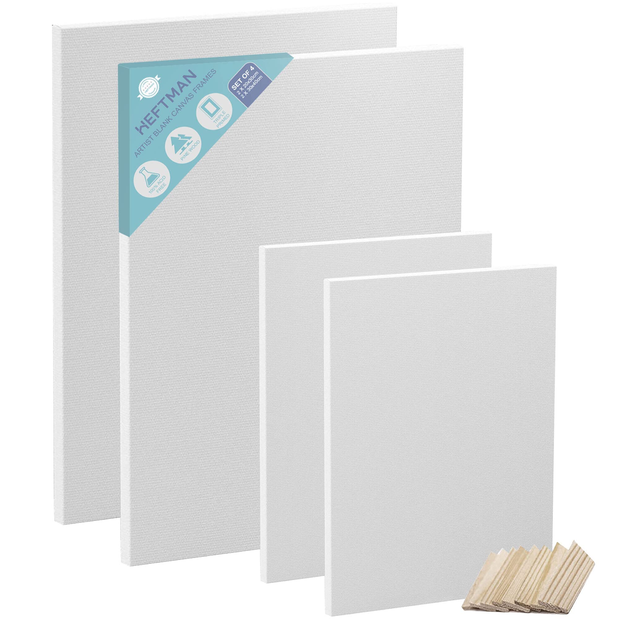 HEFTMAN Artist Blank Canvas Frame - Set Of 4 Canvases For Painting A4 & A3 (20x30cm & 30x40cm) - White - Pine Wood & Cotton - Suitable For Oil & Acrylic Painting