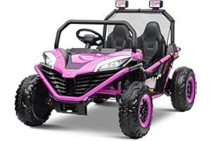 ALINUX 24V 10AH 2 Seater Ride on Cars UTV, 4WD Off-Road Kids Electric Vehicles with Remote Control, Bluetooth, Max Speed 6 MPH, Soft Start, Spring Suspension（Purple Pink）
