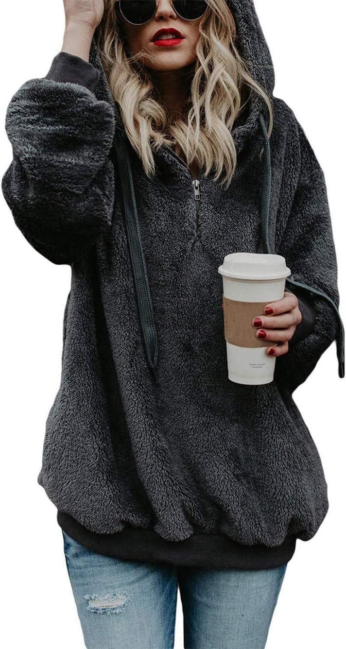 Womens Warm Zip up Fleece Hoodie Fluffy Jumper Sweatshirt with Pockets