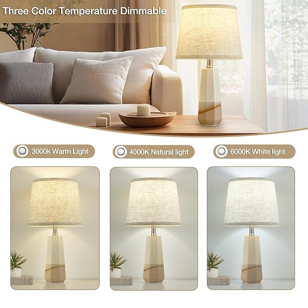 GYROVU 3 COLOR TEMPERATURE ADJUSTABLE TABLE LAMP, CERAMIC LAMP SET OF 2, LAMP FOR NIGHSTAND, BEDSIDE LAMPS WITH ROTARY SWTICH, NIGHTSTAND LAMP FOR LIVING ROOM BEDROOM OFFICE, BULBS INCLUDED-BROWN
