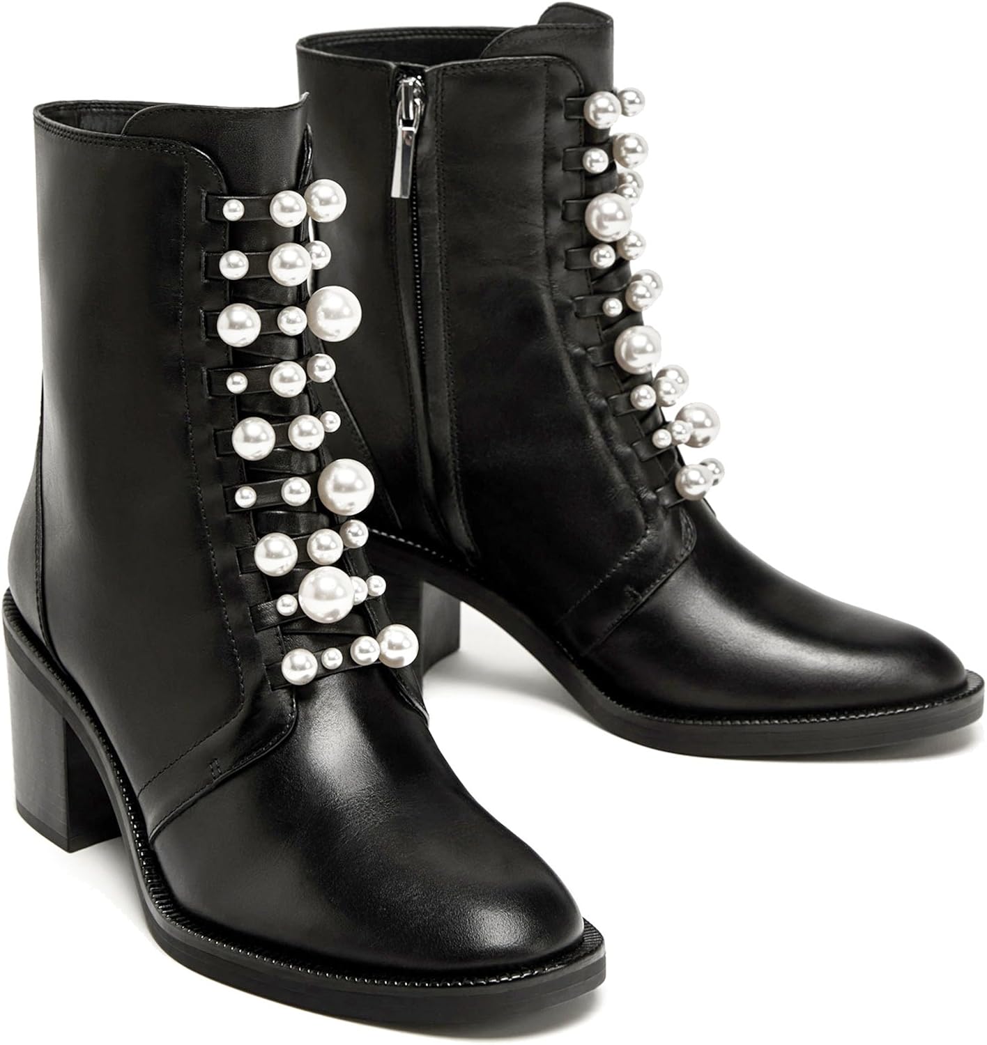 zara leather ankle boots with faux pearls