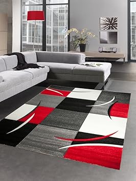 Carpetia Désigner Tapis Karo Rouge Gris Blanc Noir 160x230cm