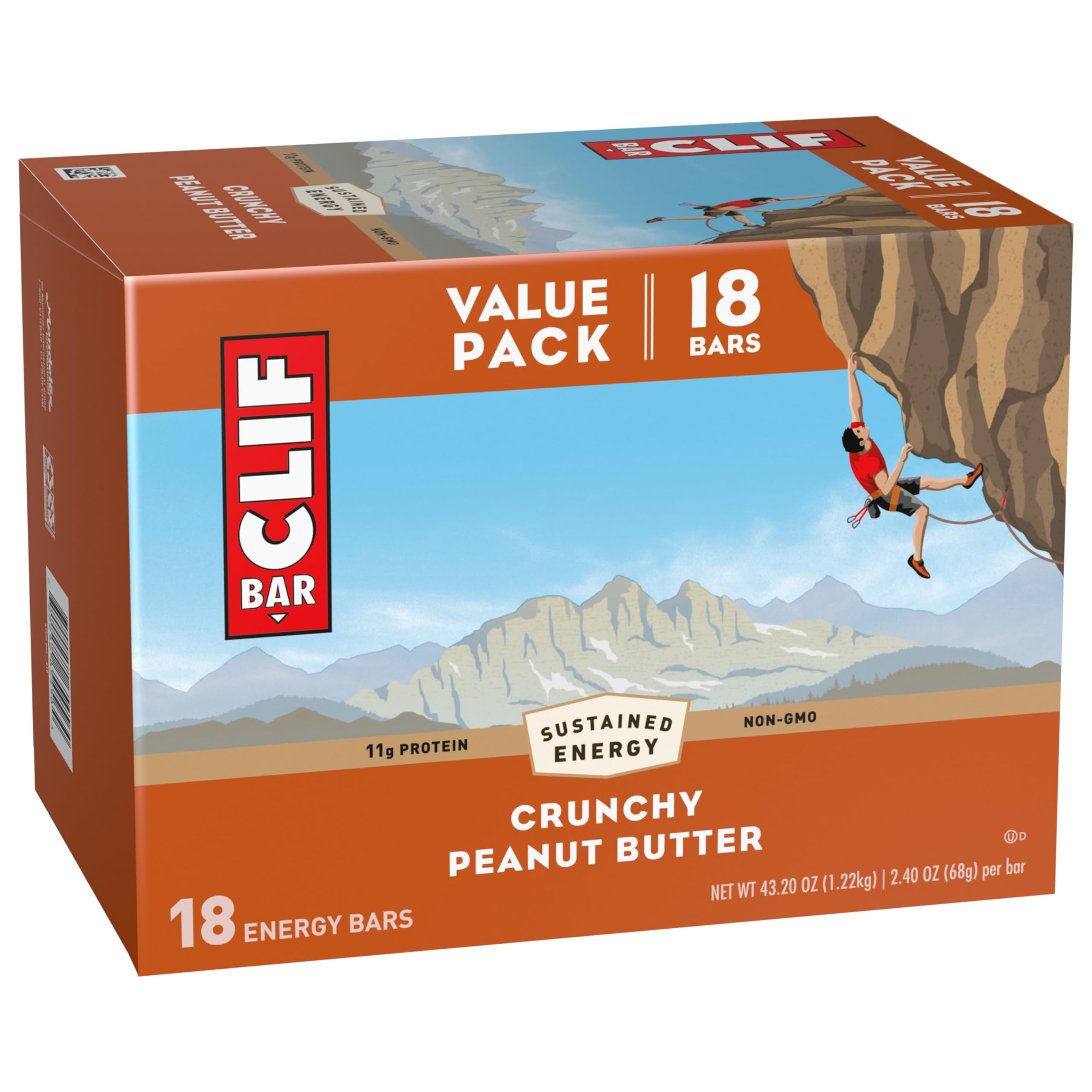 CLIF BAR - Crunchy Peanut Butter - Made with Organic Oats - 11g Protein - Non-GMO - Plant Based - Energy Bars - 2.4 oz. (18 Pack)