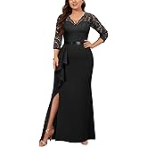Miusol Women's Plus Size Vintage Formal Floral Lace Ruffle Slit V Neck Evening Party Elegant Maxi Dress