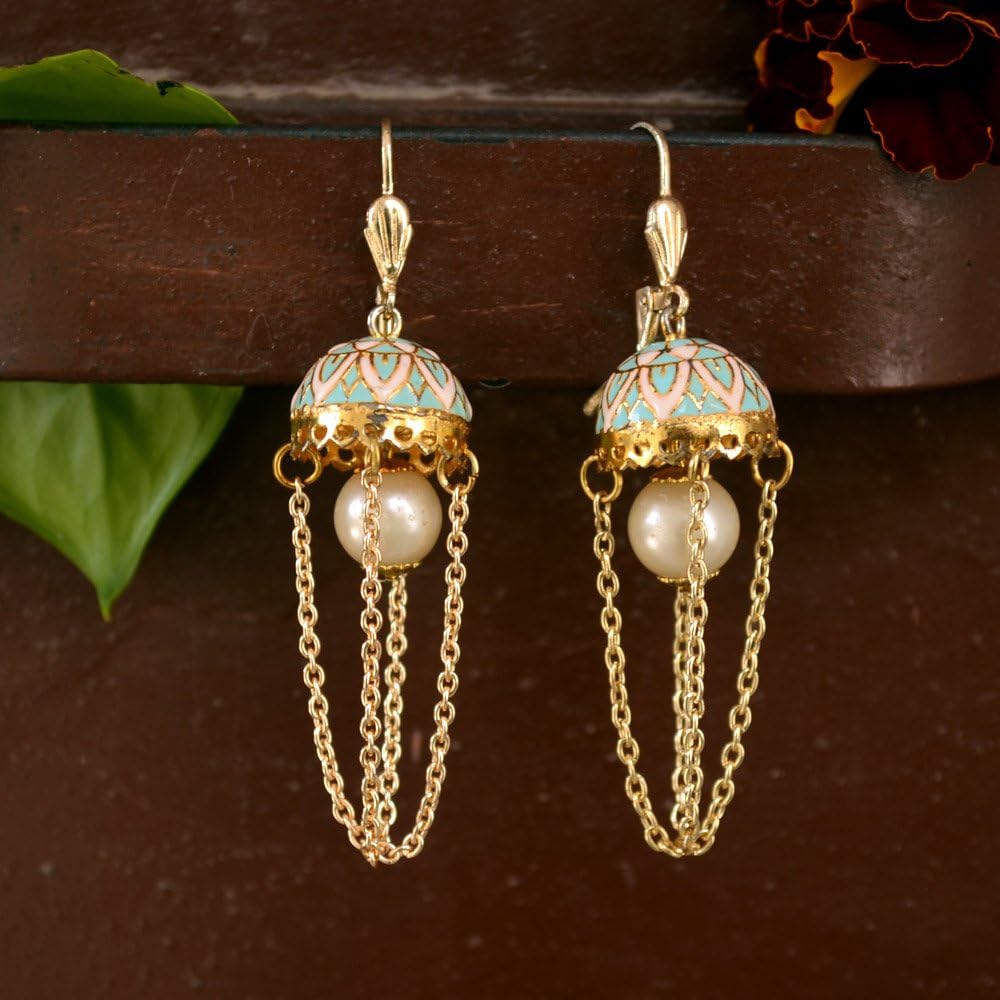 Abhika Creations Women's Turquoise Enamel Cap With Overlapping Chains And Pearl Handmade Earrings