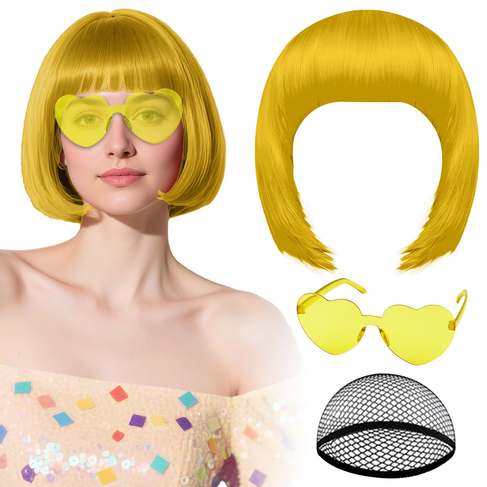Photo 1 of PLULON Gold Bob Wig with Heart Sunglasses and Hair Cap for Women, Short Bob Wigs Synthetic Colored Funny Cosplay Hairpieces for Women Men Daily Bachelorette Halloween Costume Party Decorations