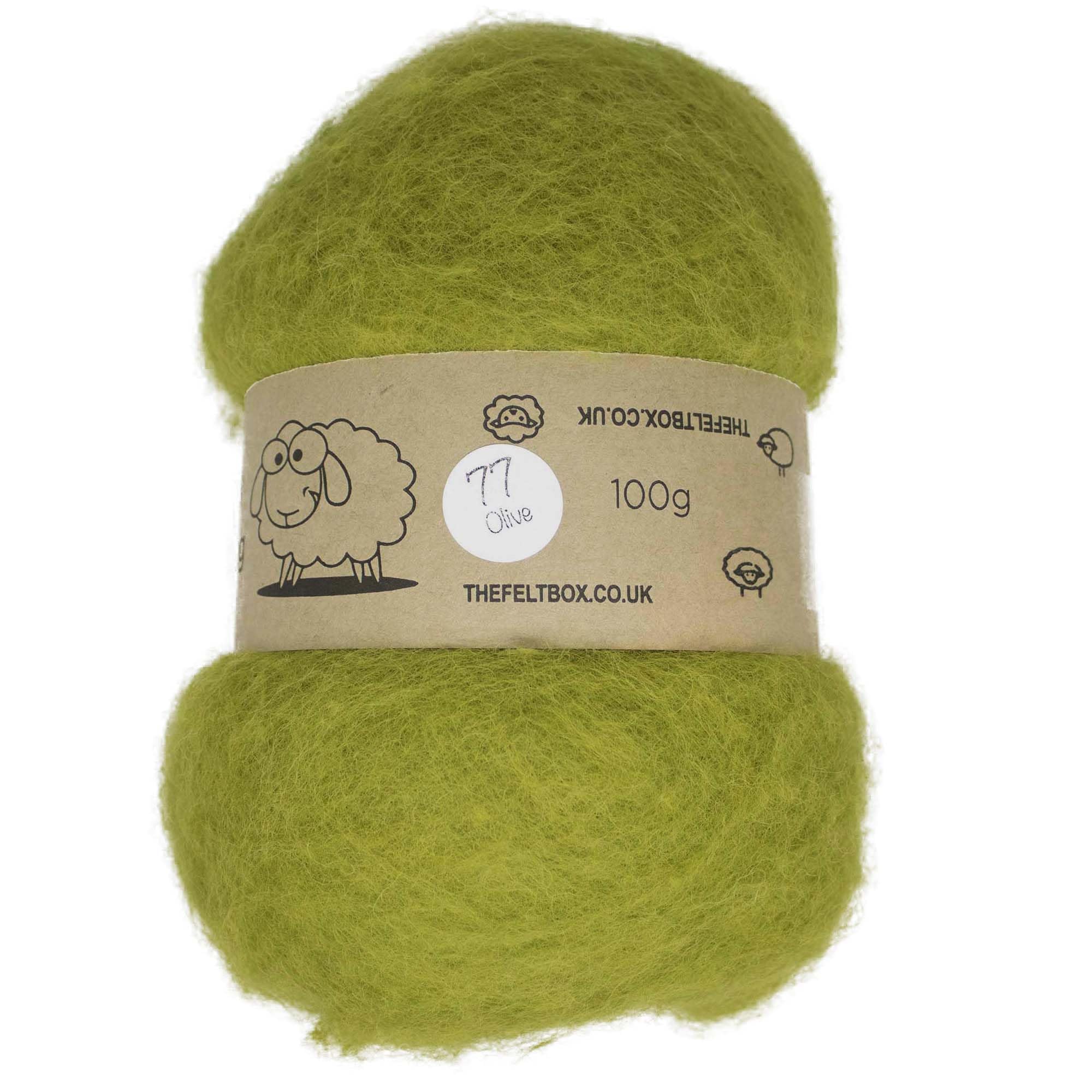 The Felt Box Olive #77 Carded Wool for Needle Felting – Short Fibre Batt 100g | Craft Wool for Dry Felting, Toys, Animals, Beginners