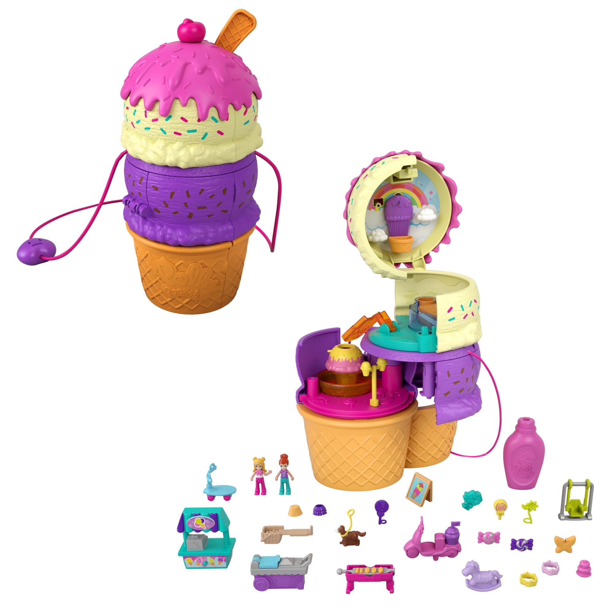 Polly Pocket Spin ‘n Surprise Compact Playset, Ice Cream Cone Shape, Playground Theme, 3 Floors, 25 Surprise Accessories Including Micro Polly & Lila Dolls, Great Gift for Ages 4 Years Old & Up, HFR00