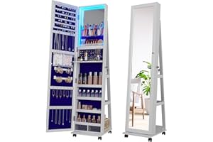 SKKTKT Full Length Mirror with Jewelry Storage, 360°Swivel Jewelry Cabinet Standing with Lights, Lockable Jewelry Armoire Organizer, Mirror Jewelry Cabinet for Christmas Gifts (White)
