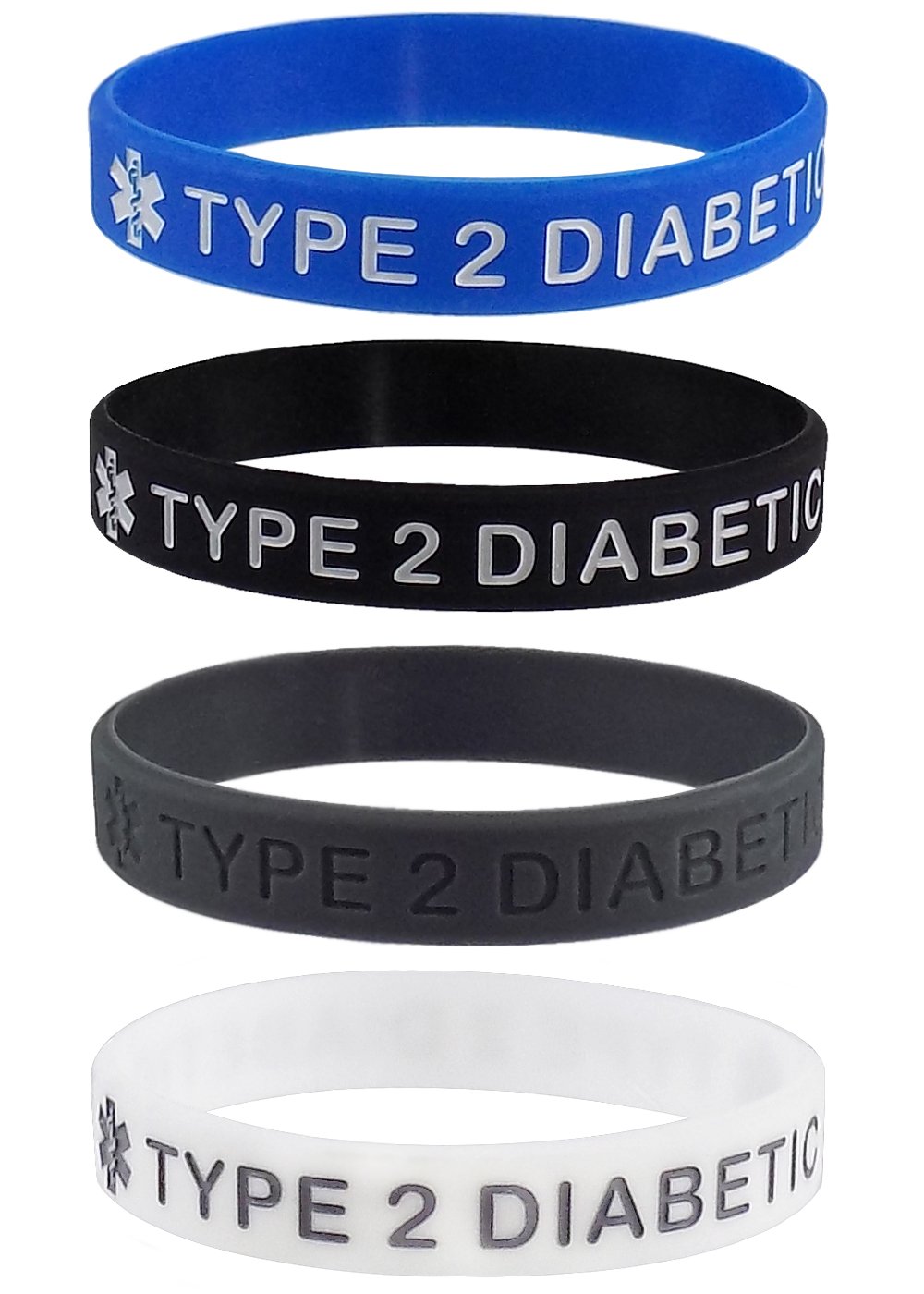 Max Petals Type 2 Diabetic Medical Alert ID Silicone Bracelet Wristbands 4 Pack, X- Large, Rubber