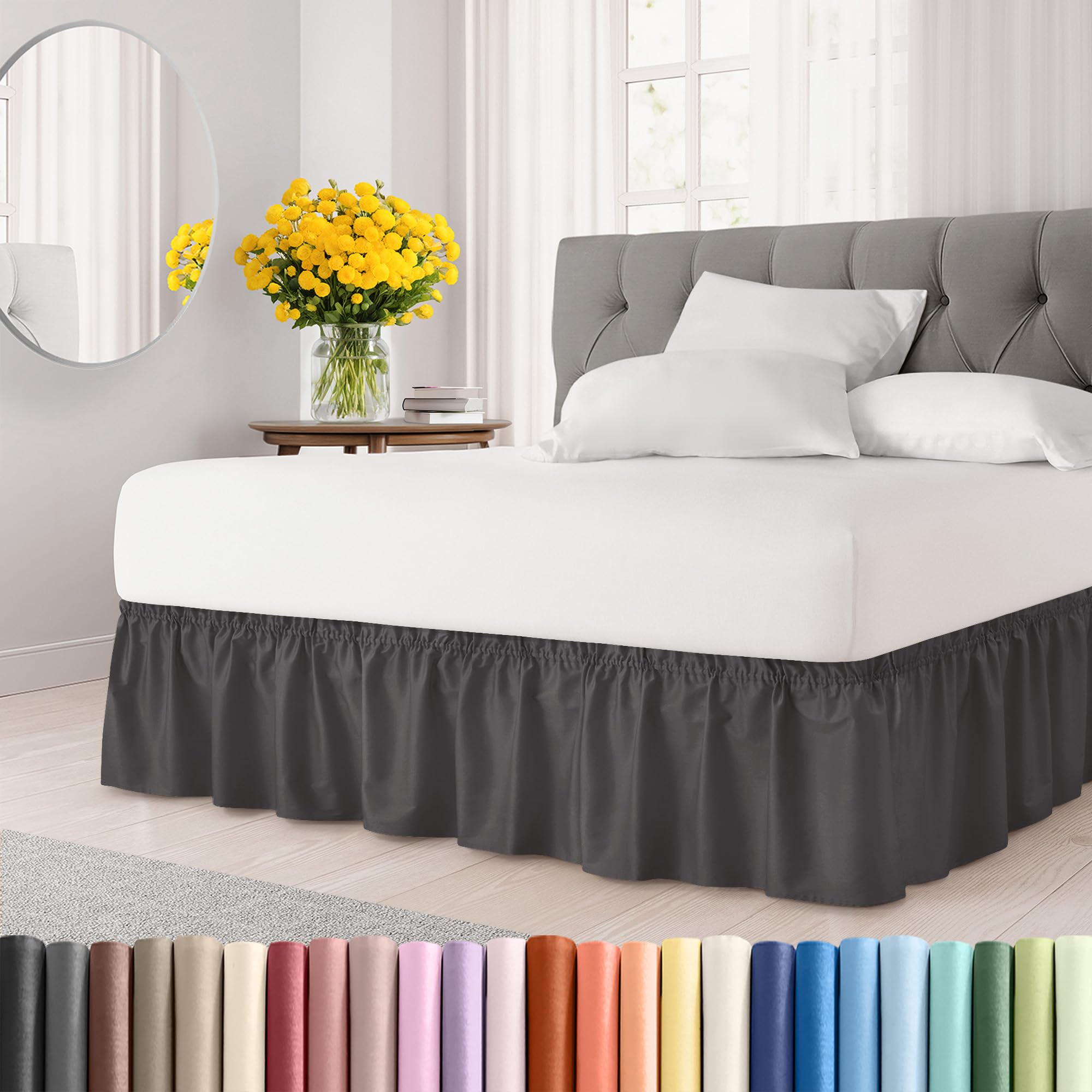 Photo 1 of Wrap Around Dust Ruffle Bed Skirt - Dark Grey - Twin/Twin XL Size Beds with 12 Inch Drop - Elastic Strap - Adjustable Pleated Bedskirt with Brushed Fabric and Wrinkle Free - Women, Men, Kids & Teens