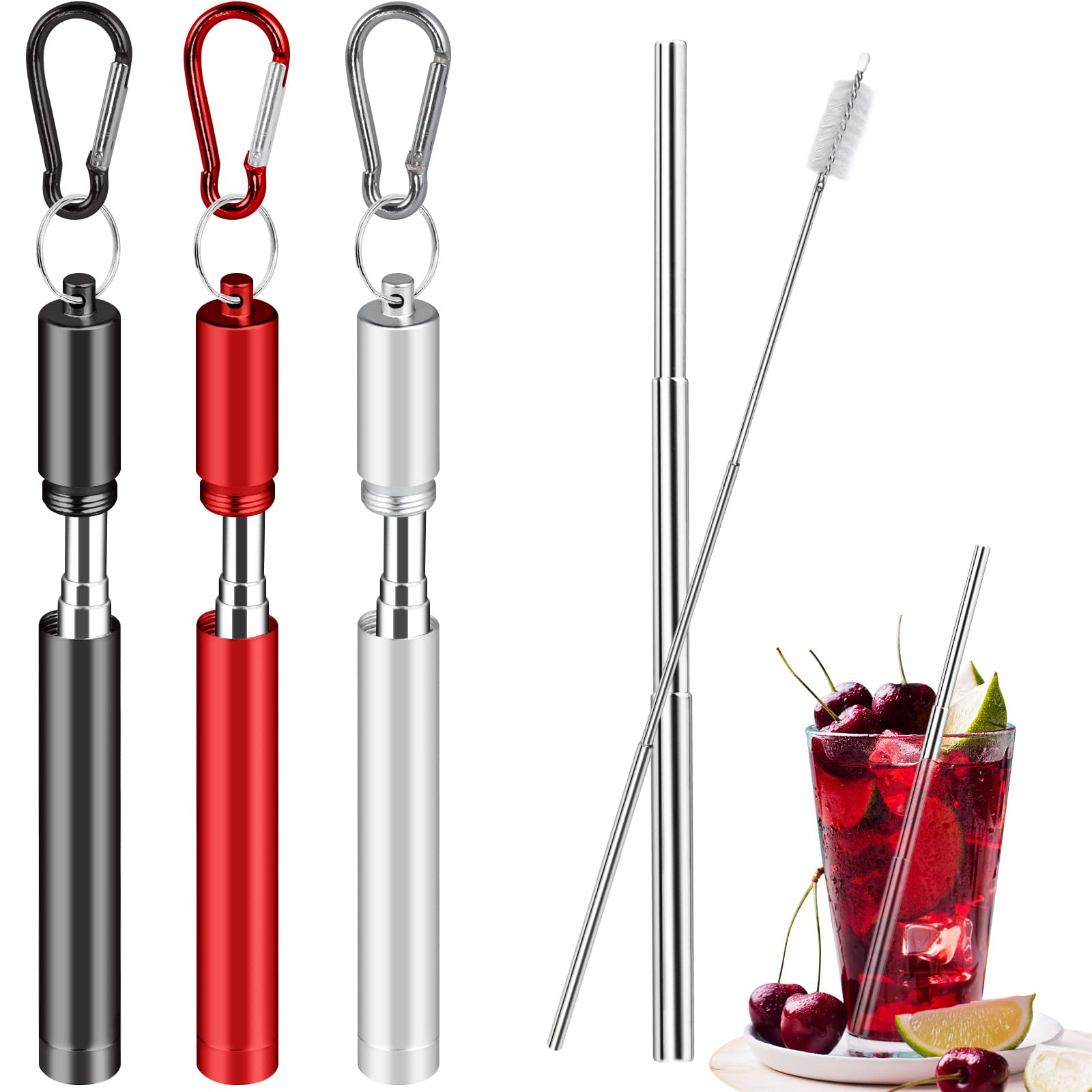 3-Piece Collapsible Straw Set, Reusable Telescopic Straws with Cleaning Brush and Metal Case (10-22.5cm)