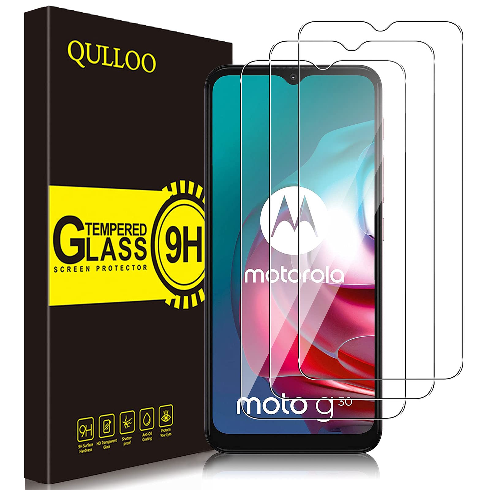 QULLOO Glass Screen Protector for Motorola Moto G9 Play/Moto G10 / Moto G30, [3 Pack ] Ultra Resistant 9H Hardness Tempered Glass Screen Protector for Moto G9 Play/Moto G10 / Moto G30