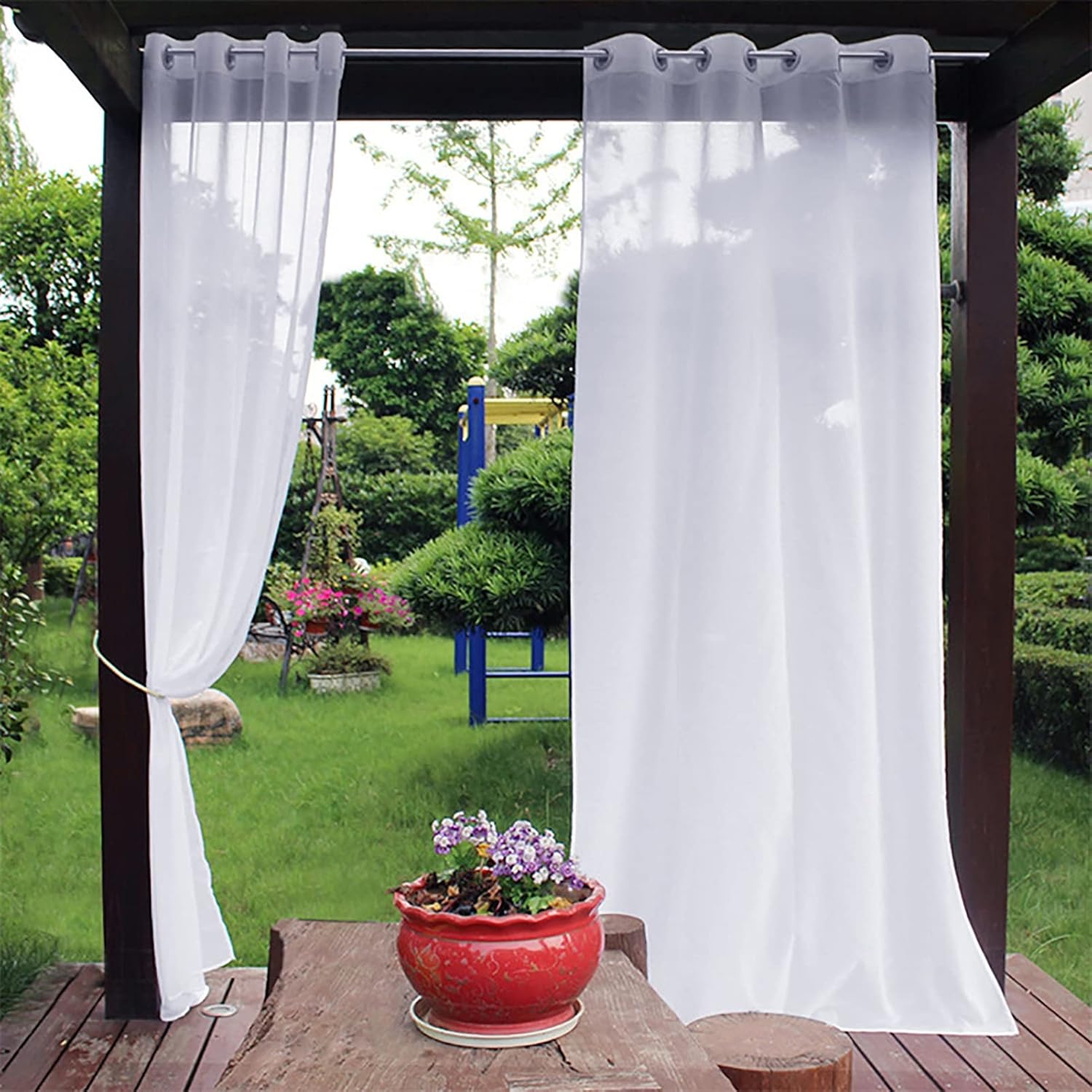 Outdoor Curtains - XQKXHZ Outdoor Sheer Curtains for Patio Waterproof White Voile Drapes with Grommet Top and Tieback Rope Indoor/Outdoor Curtains for Gazebo Pergola Balcony Deck Cabana,1 Panel,62