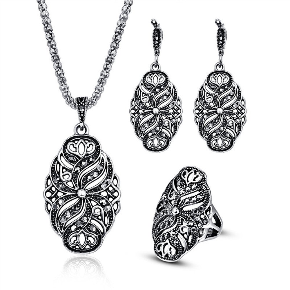 LUYUAN JEWELRY Punk Silvery Flower Wedding Jewelry Sets for Women, Fashion Zinc Alloy Crystal Pendant Necklace Earring Ring Set-Ring#8