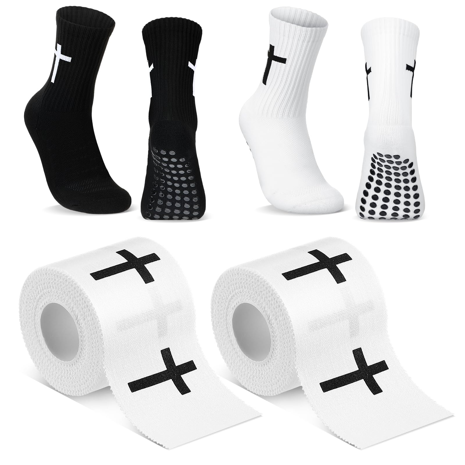 Photo 1 of TrelaCo 2 Pcs Christian Athletic Tape with 2 Sets Cross Grip Socks Cotton Sports Athletic Tape Serrated Edges Religious Soccer Socks for Football Baseball Hockey Soccer (Cross)