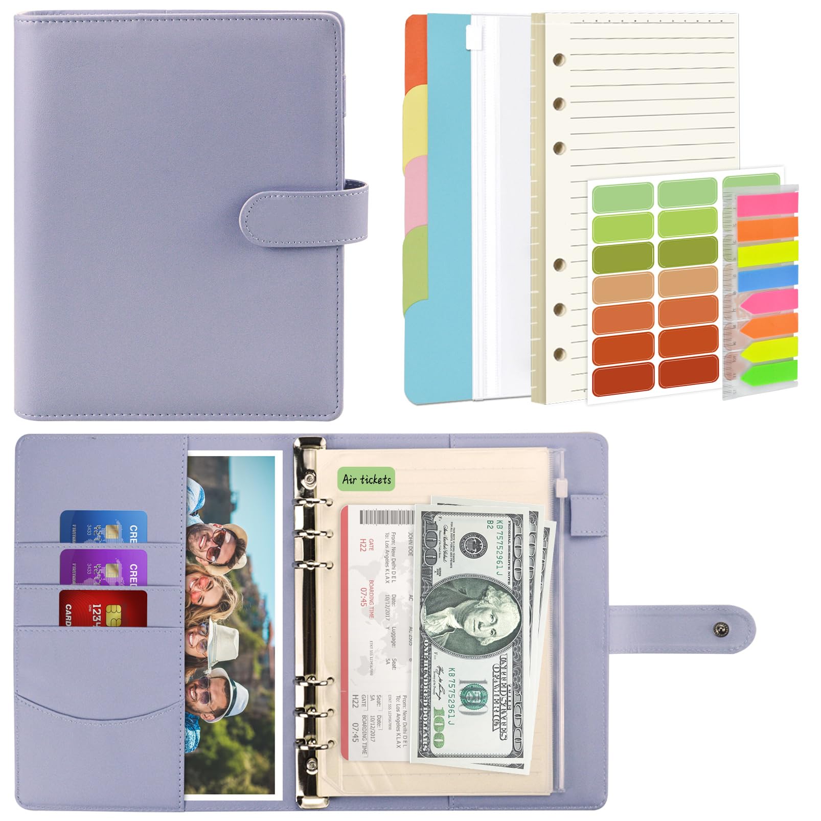 Mlife A5 Notebook Binder Set - 6 Ring PU Leather Planner,5 PCS File Divider,45 Sheets A5 Loose Leaf Paper,Label Stickers,Index Tabs and Clear Cash Envelopes,Personal Organizer Binder（Purple）