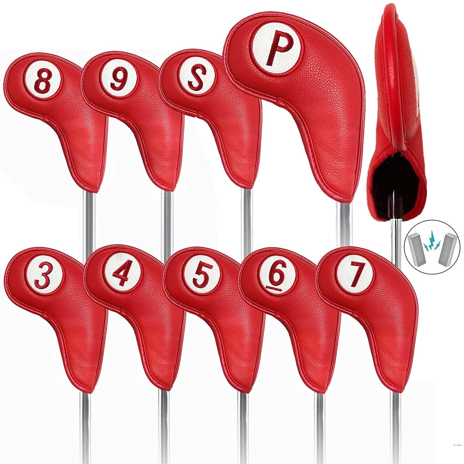 Golf Club Head Covers for Irons Magnetic Closure Long Cover Value 9pcs/Set, Number Printed both Sides Headcovers Deluxe Synthetic Leather Professional (Red)