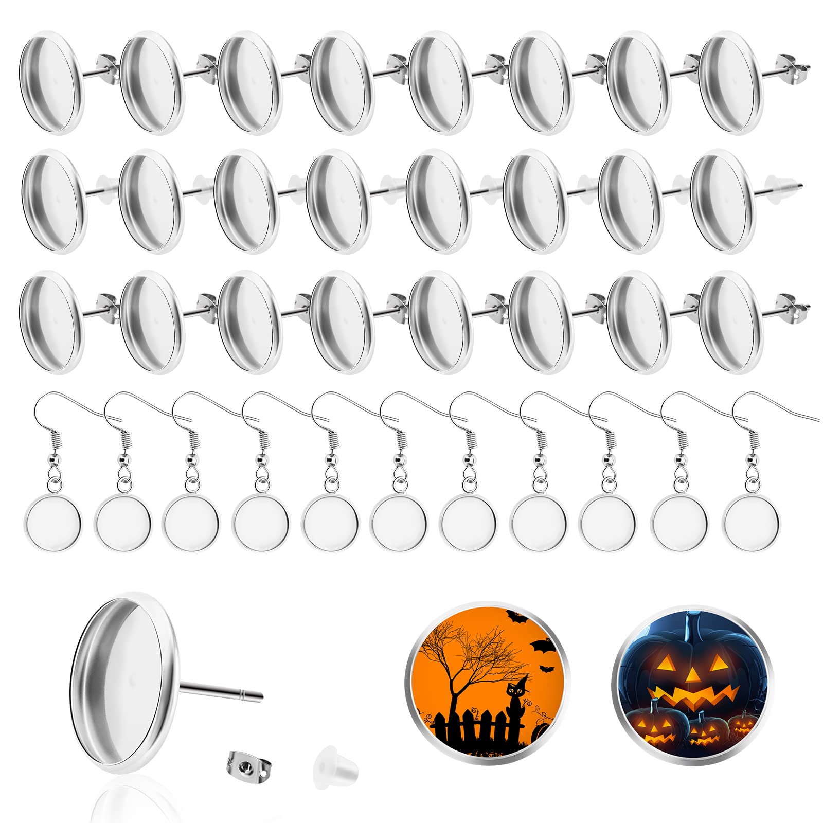 200 Pieces Stud Earring Kit Include 50pcs 12 mm Stainless Steel Blank Stud Bezel Settings 50pcs Blank Earrings Wire Hooks, 50 Rubber Backs 50 Stainless Steel Earring Back for DIY Jewelry Making