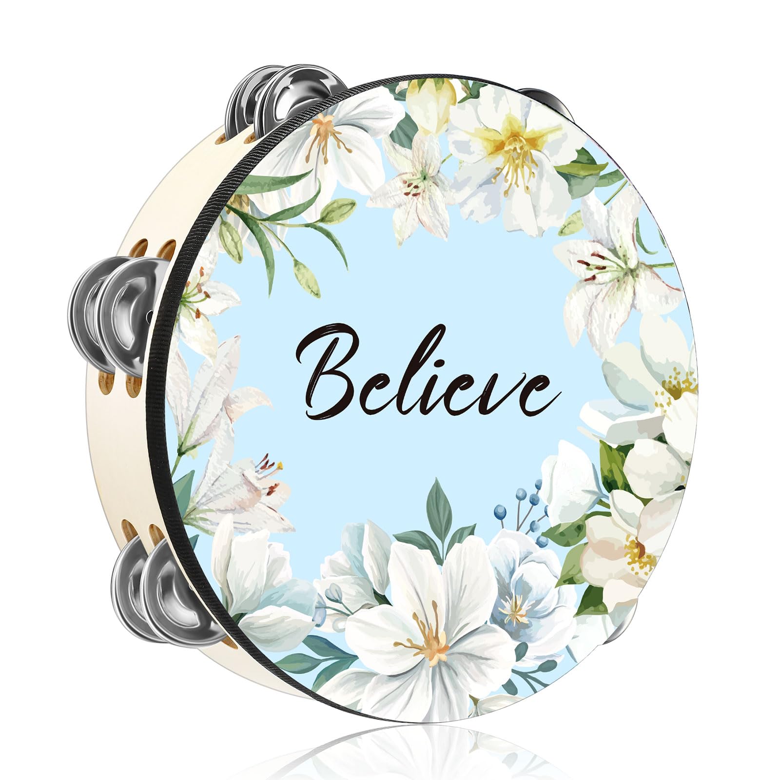 Photo 1 of *** 1 SIDE DAMAGED *** Fiada Tambourines for Adults 10 Inch Church Christian Flowers Dance Tambourine Double Row Jingle Bible Hand Bell Drum for Church Pray Party Percussion Musical Instrument Hand Bell Clap Drum(Believe)