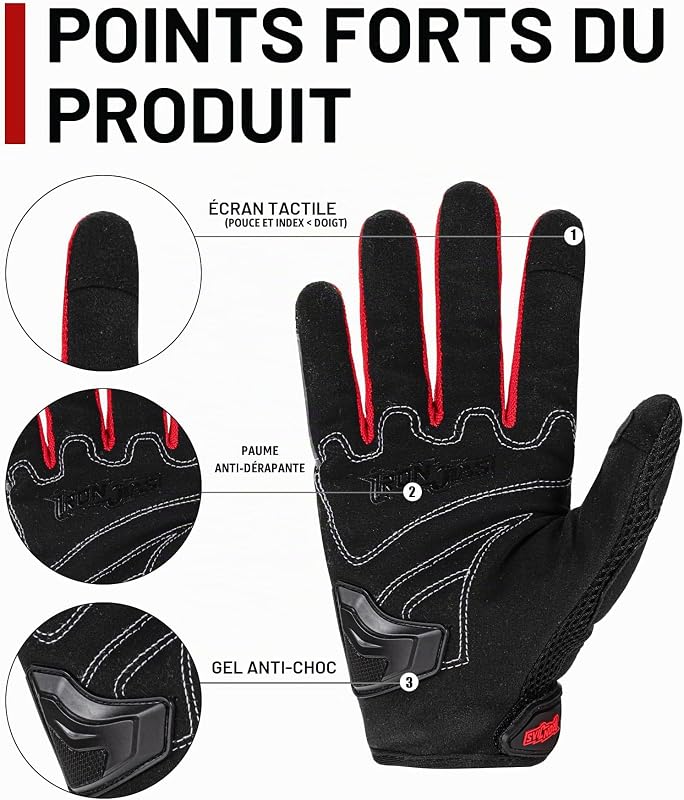 Gants Moto Été, Écran Tactile Gants Moto Homme Respirant Antidérapant Gants Vélo Montagne Course Tout-Terrain Scooter Moto Rouge-M