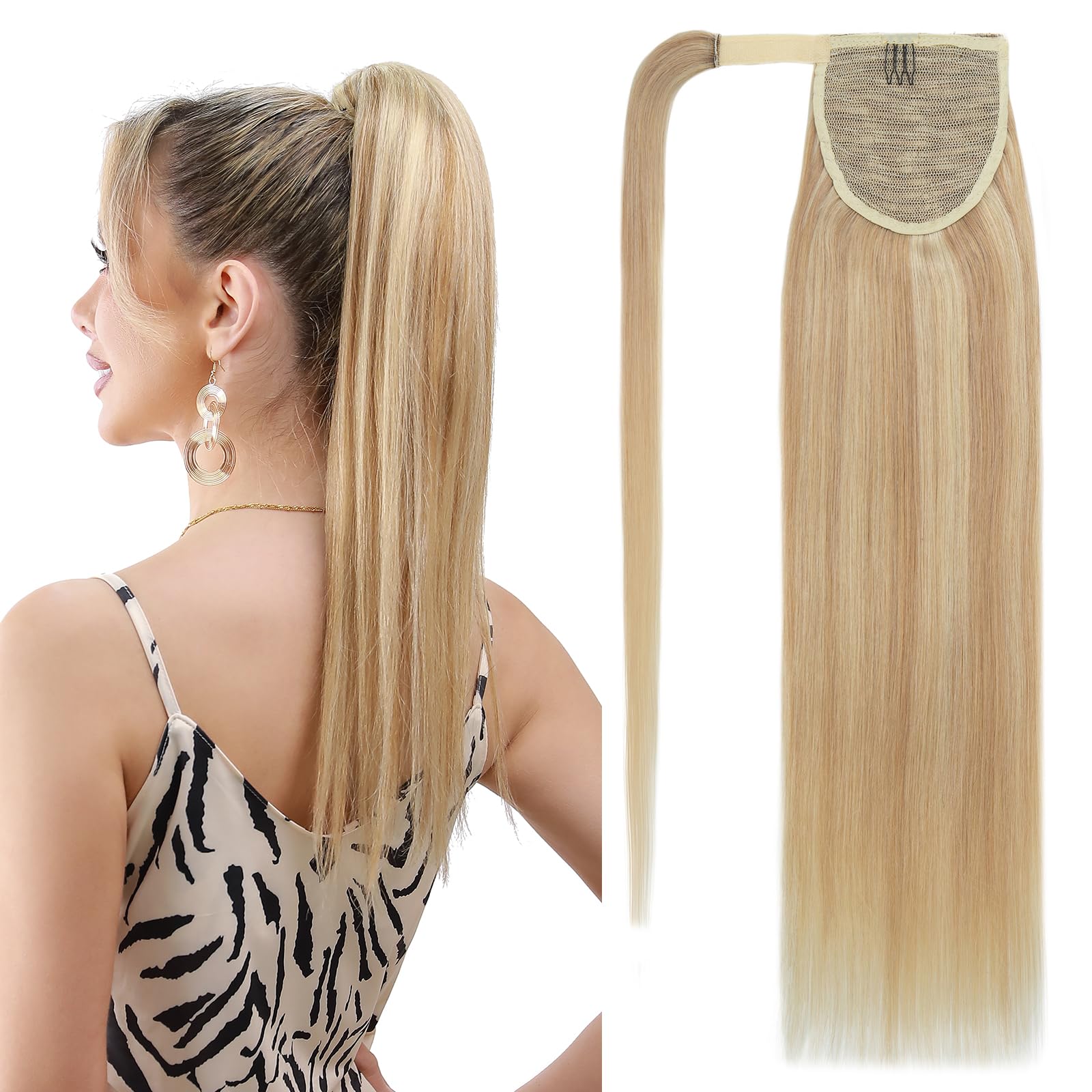SEGOHAIR Wrap Around Ponytail Human Hair Clip in Ponytail Hair Extensions, 18 inch Long Straight One Piece Clip in Hairpieces Remy Real Human Hair-Dark Blonde mixed with Bleach Blonde — image 1