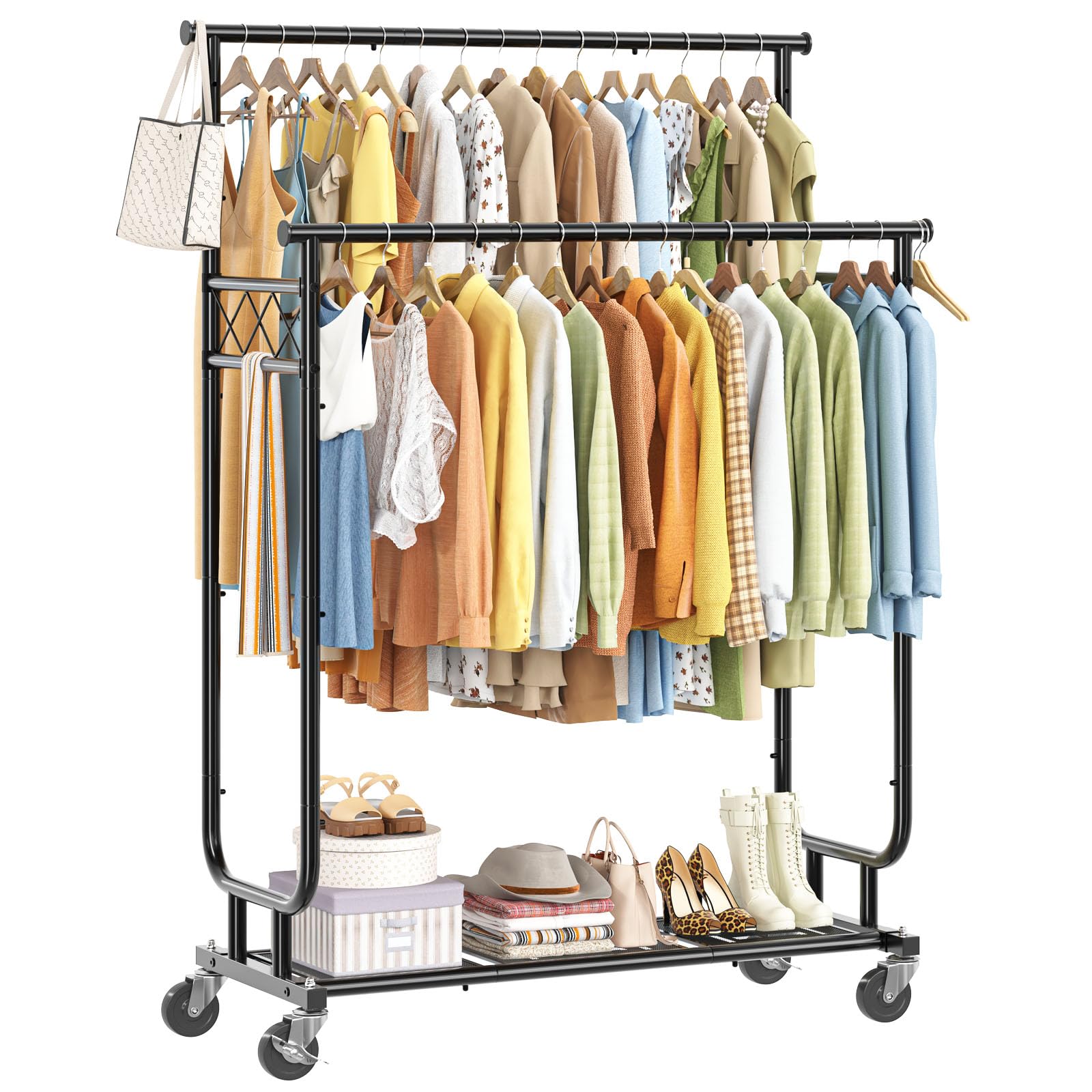 Photo 1 of Ekisemio Double Rod Clothing Garment Rack on Wheels, 44 Inches Clothes Rack with Mesh Bottom Shelf for Hanging Clothes, Heavy Duty Metal Maximum Capacity 450 lb, Black