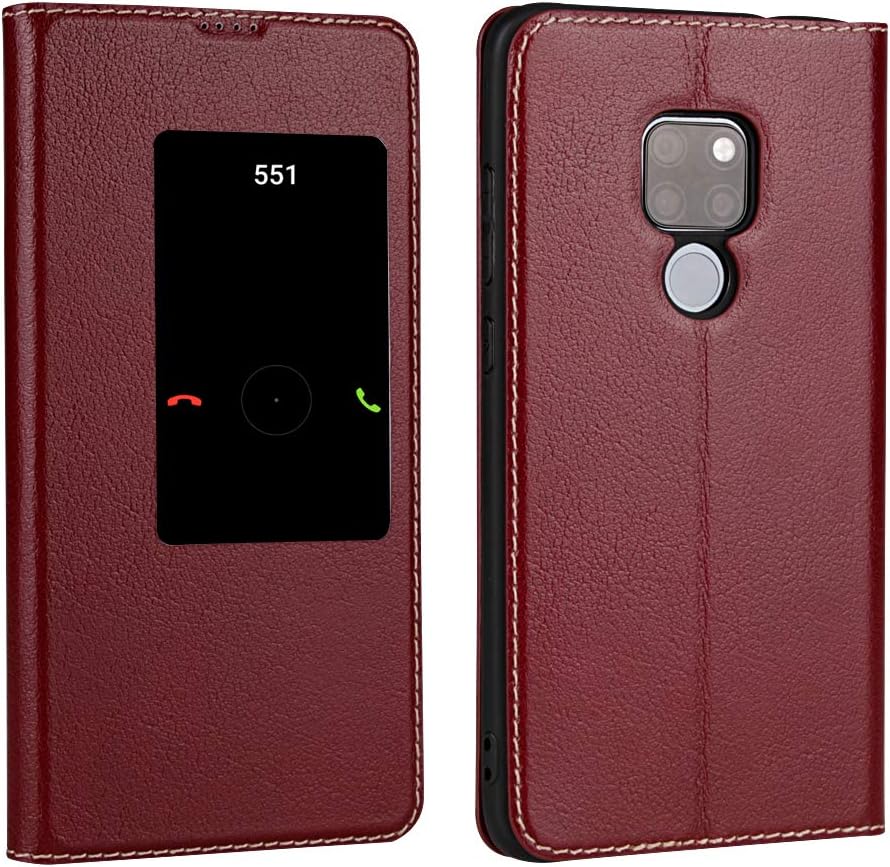 DouKou Huawei Mate 20 X Cover,Cowhide [GENUINE LEATHER] Clamshell folding bracket case + Smart Window View + Lntelligent sleep/wake-up function suitable for Huawei Mate 20 X (7.2-Inch Red)