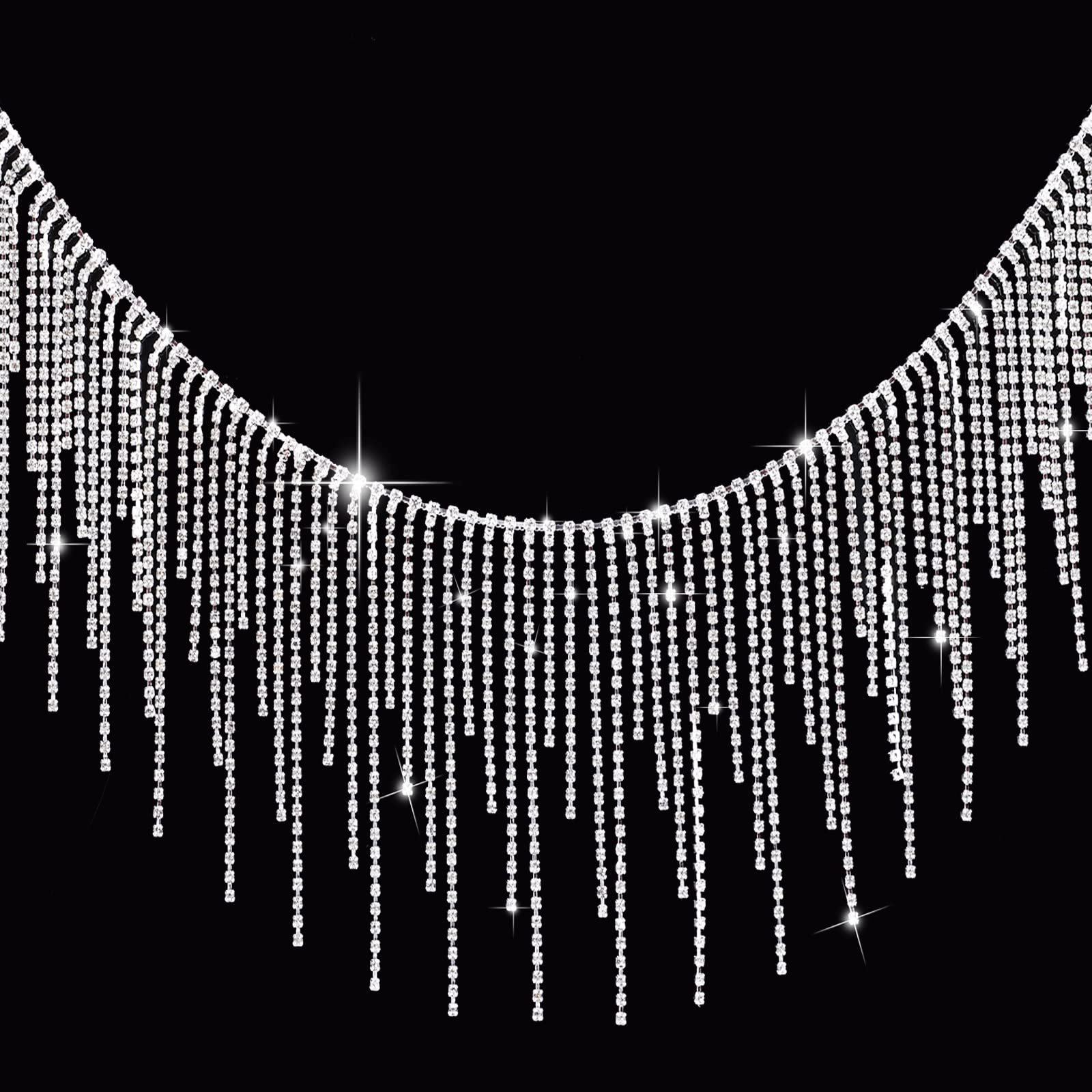 AIEX Rhinestone Ribbon Tassel Chain, Crystal Tassel Sparkling Rhinestone Fringe Trim for Wedding Party Clothing DIY Craft Projects(1 Yard, Silver)