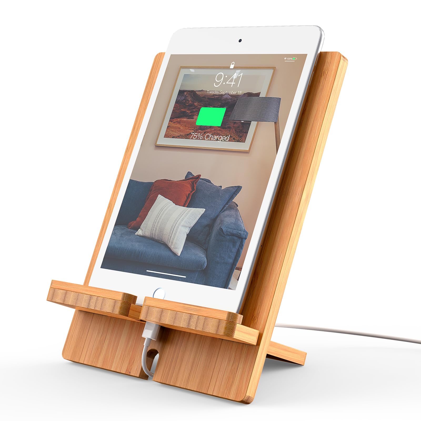 Pezin & Hulin Bamboo Tablet Stand Adjustable, Desktop Cell Phone Stand Holder Dock Compatible with Tablet, Phone (Support to 13 inch Devices)