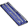 Ernst 18-Inch Socket Organizer 3 Rail Socket Boss (8451) - Toolbox Socket Organization Tray - SAE & Metric Socket Storage, 57 Twist-Lock Clips for 1/4-inch, 3/8-inch, & 1/2-inch Socket Sets, Blue, USA