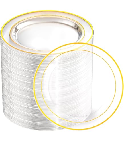 R-kay 100-Pack Clear Gold Plastic Plates – 6.25” Heavy Duty Disposable Dessert Plates, Gold Rim, Sturdy & BPA-Free