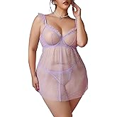 OYOANGLE Women's Plus Size Lace Sheer Mesh Babydoll Lingerie Polka Dots Chemise Nightgowns with Thongs Sleepwear