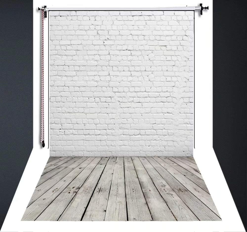 Muzi 8x12ft White Brick Wall with Grey Wooden Floor Photography Backdrop Thin Vinyl Background for Pictures Photo Studio Props D-2504