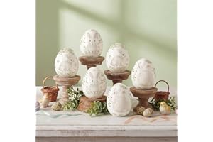 DoubleFill 6 Pcs Ceramic Easter Eggs Bunny Porcelain Eggs Spring Rabbit Basket Bowl Filler Rustic Decorative Hanging Ornament