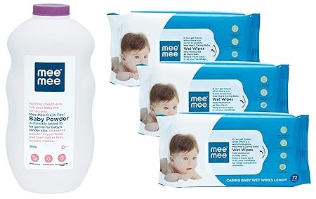 Mee Mee Fresh Feel Baby Powder, 500g & Caring Baby Wet Wipes with Lemon Fragrance (72 pcs/Pack) (Pack of 3) Combo