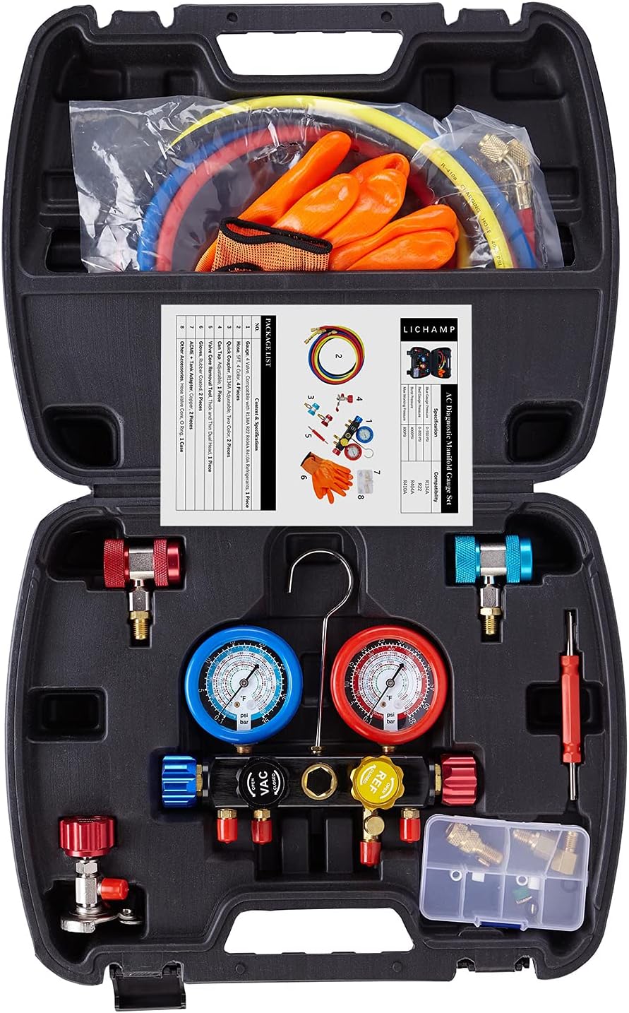 Lichamp HVAC R410A Manifold Gauge Set with Hose Kit 410A R404A R22, R134A AC Diagnostic Manifold Gauge Kit: Automotive