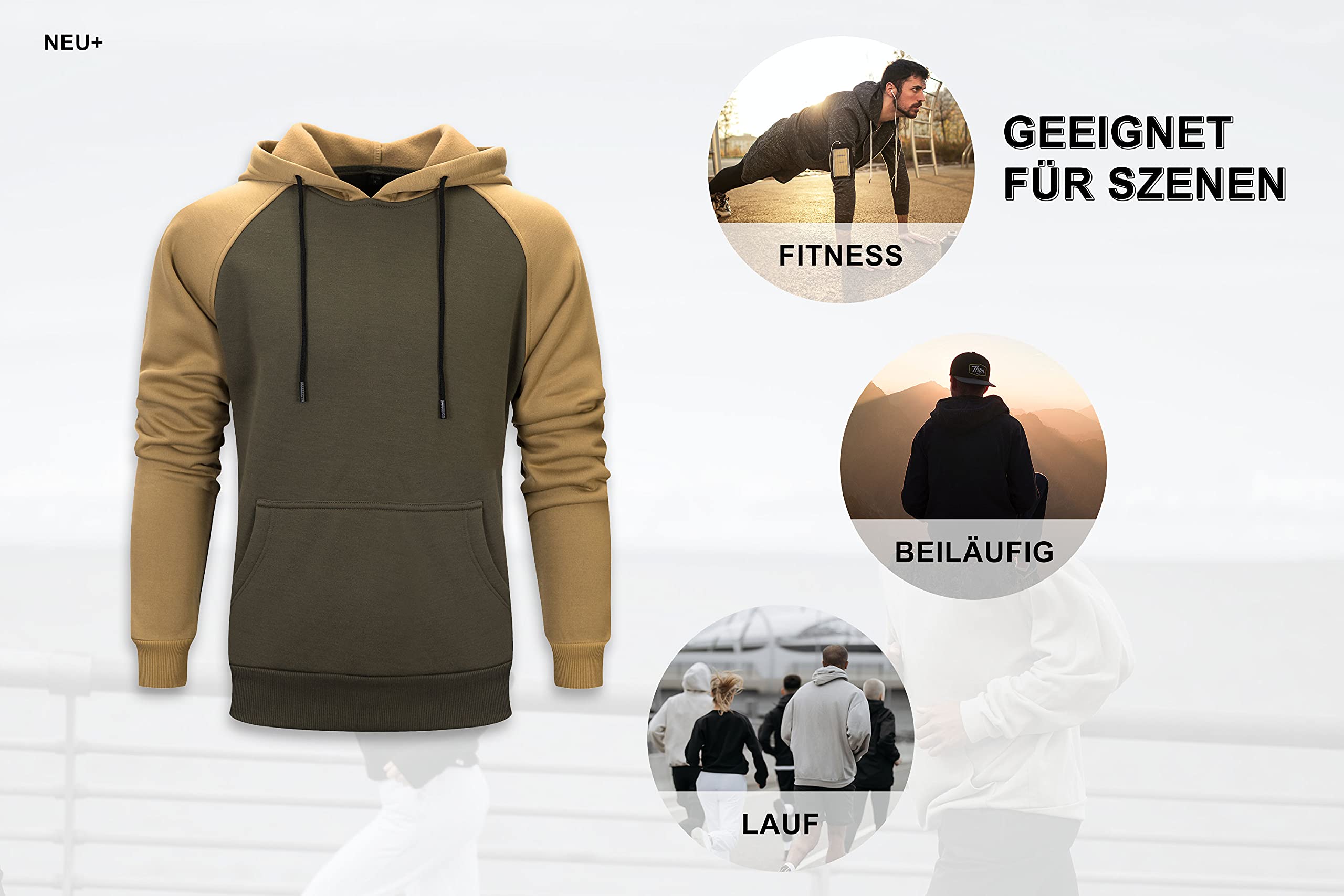 MANLUODANNI Herren Kapuzenpullover, Raglan Men's Hoodie Pullover mit Kapuze Casual Sweatshirt Classic Farbabstimmung Hoody Rundhals Armeegrün L 3