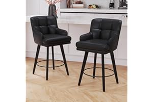 SAECKBERG 360°Swivel Counter Height Bar Stools with Back, 26 inch Solid Wood Legs, Bar Stool Modern Kitchen Island Chairs, Faux Leather (Black- Faux Leather, 26" H- Set of 2)