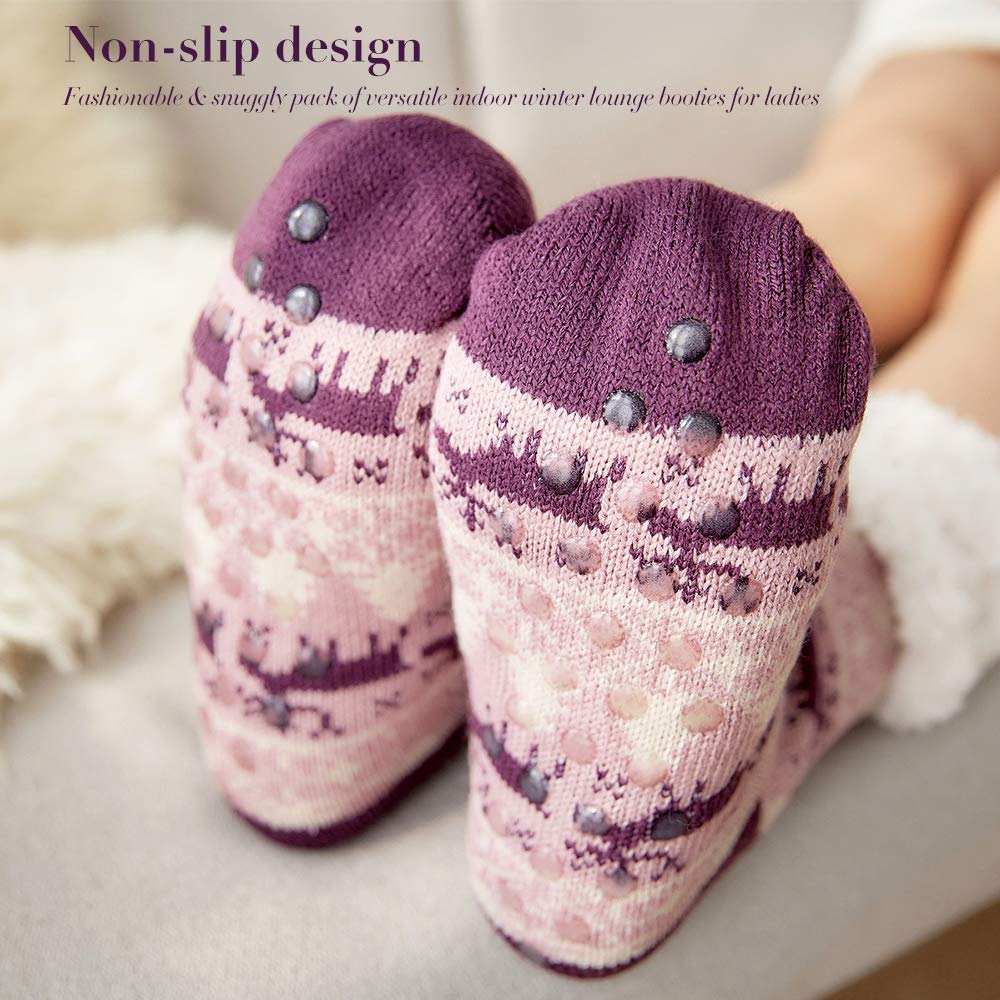 4YOUALL Womens Fleece Lining Soft Warm Fuzzy Sock, Christmas Thermal Knee High Stockings Slipper Socks (Purple Deer)
