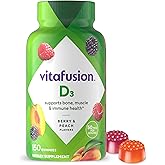 vitafusion Vitamin D3 Gummies, Bone and Immune Support, Peach, Blackberry, Strawberry Flavored, 50 mcg D3 Gummy Vitamin Supplement, 75 Day Supply, 150 Count