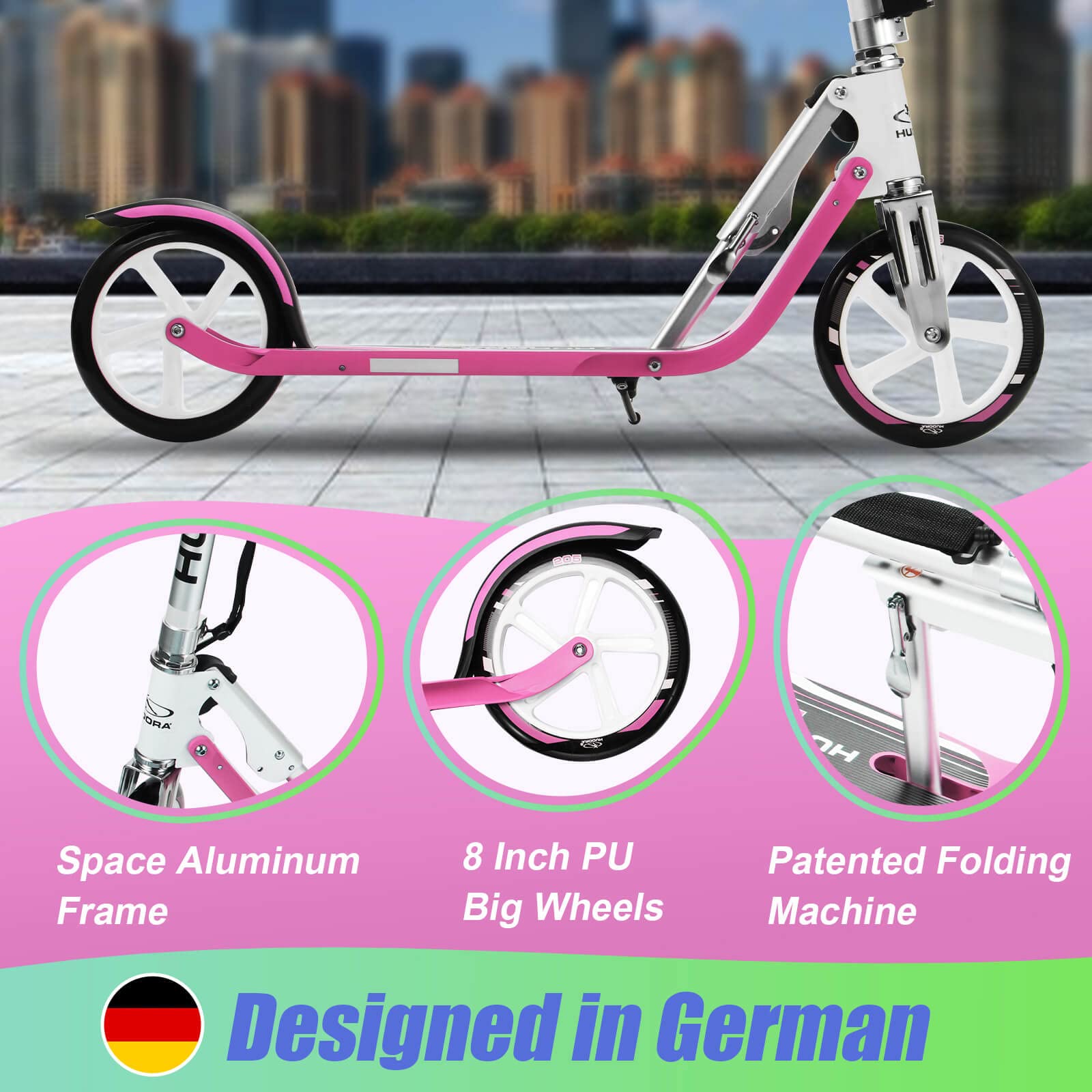 HUDORA Scooter for Kids & Teens - Ages 6-12, Adult Scooter with Big Wheels, Lightweight Durable All-Aluminum Frame