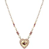 1928 Jewelry Manor House Faux Pearl Purple Flower Heart Pendant Necklace 15" + 3" Extender, Romantic Roses Vintage Victorian 