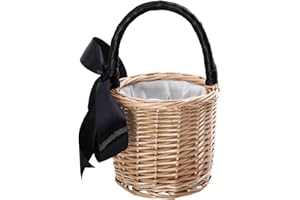 ANGOILY Fresh Style Handbag Rattan Flower Basket Handwoven Candy Wine Basket with Handles Flower Arrangement Container for Home Kitchen Black Wedding Girl