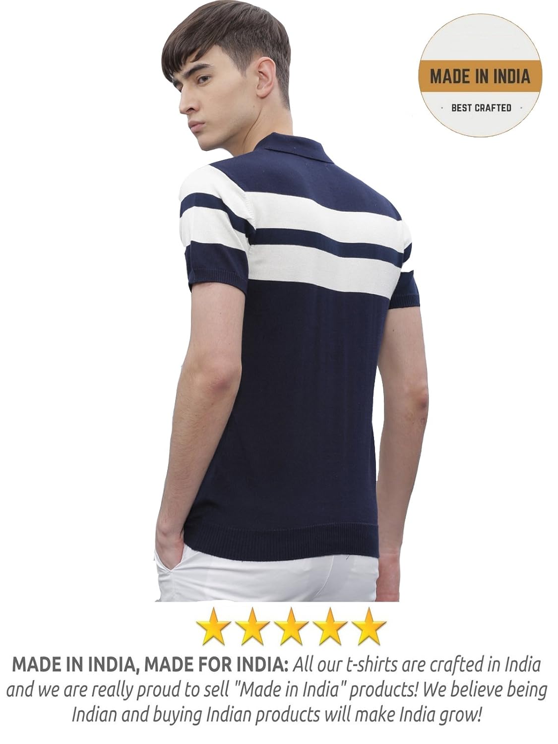 scatchite men&rsquo;s matte half sleeve navy blue with white contrast striped polo t-shirt